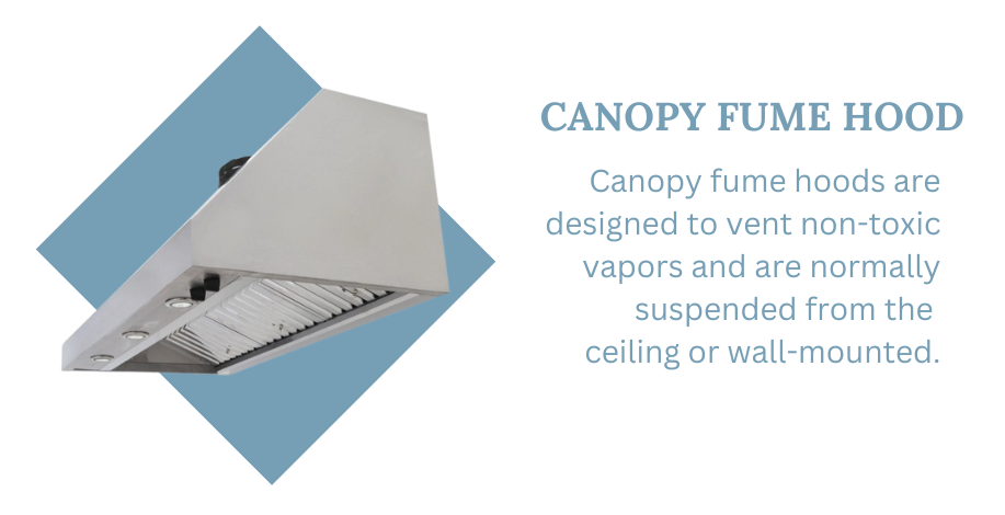 Suspended or wall-mounted, a canopy fume hood is designed to vent non-toxic vapors like heat, steam, and odors from large equipment like ovens, autoclaves, or steam baths. Unlike a fume hood that is used for hazardous chemicals, a canopy hood captures contaminants in a wide area without requiring a physical barrier around the work surface